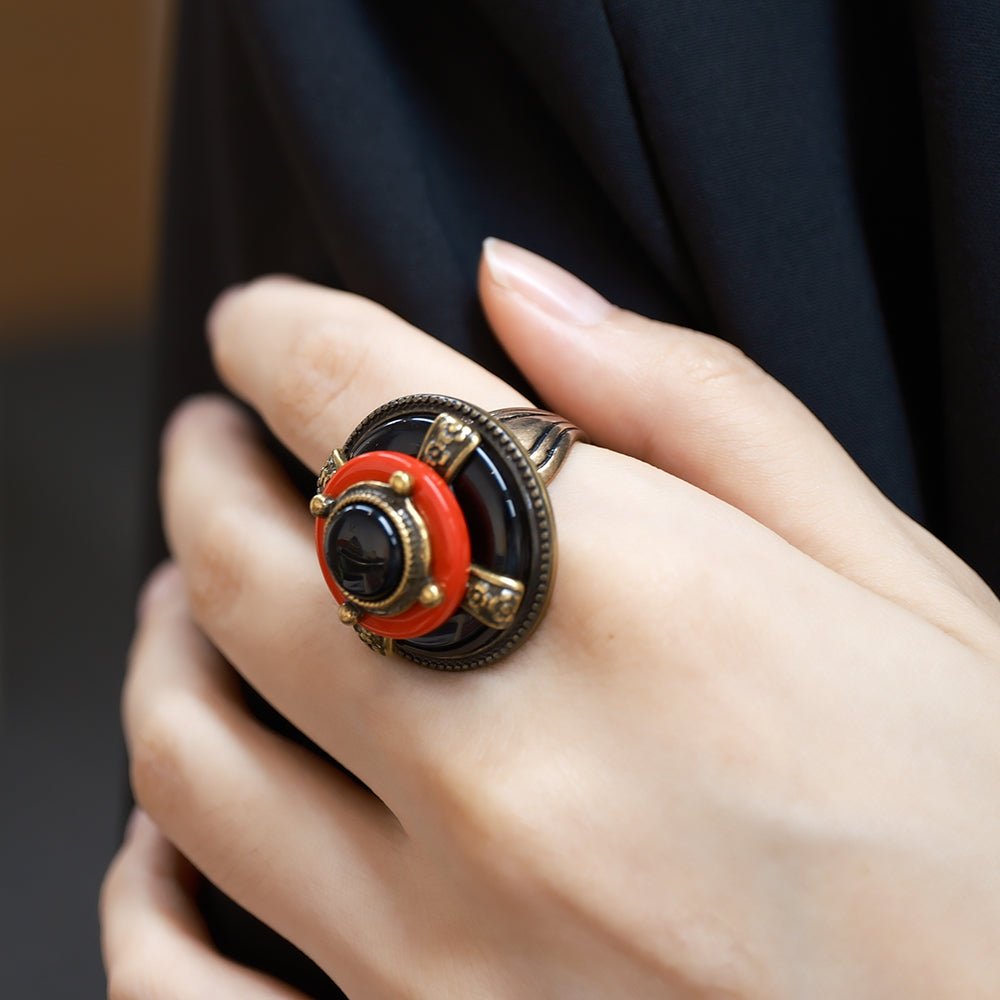 Bague Agate Rouge et Noir Vintage Protection - Biloria