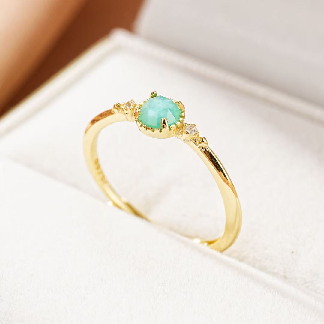 Bague Amazonite Zircon Argent Plaqué Or Taille Ajustable - Biloria