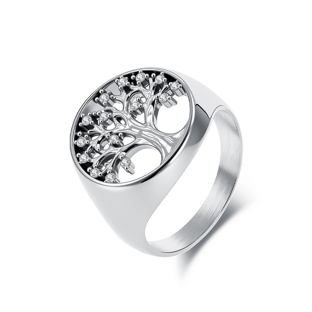 Bague Arbre de Vie en Acier Inoxydable avec Zircons - Biloria