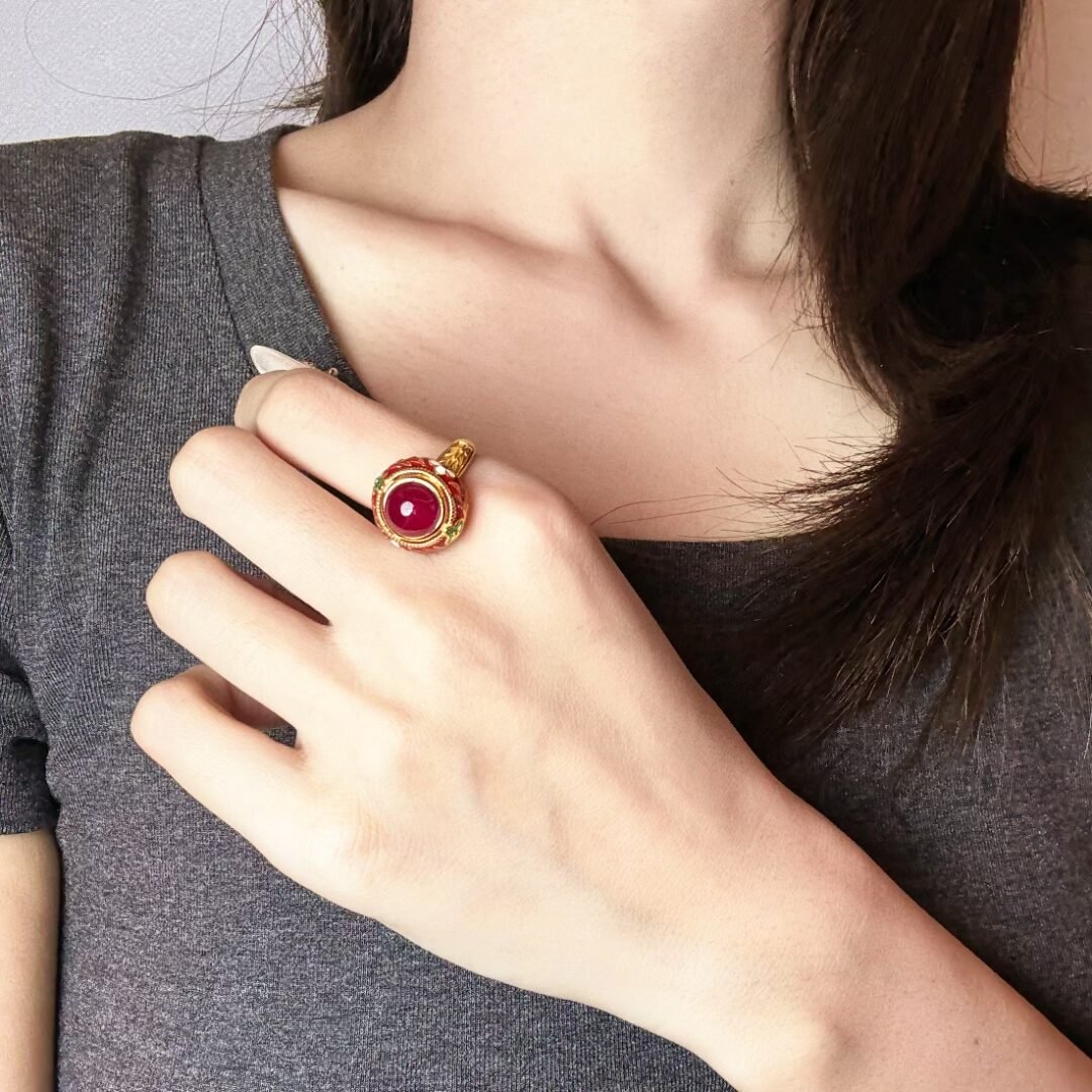 Bague Cornaline Ajustable Argent Plaqué Or Motif Floral - Biloria