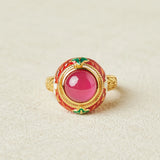 Bague Cornaline Ajustable Argent Plaqué Or Motif Floral - Biloria
