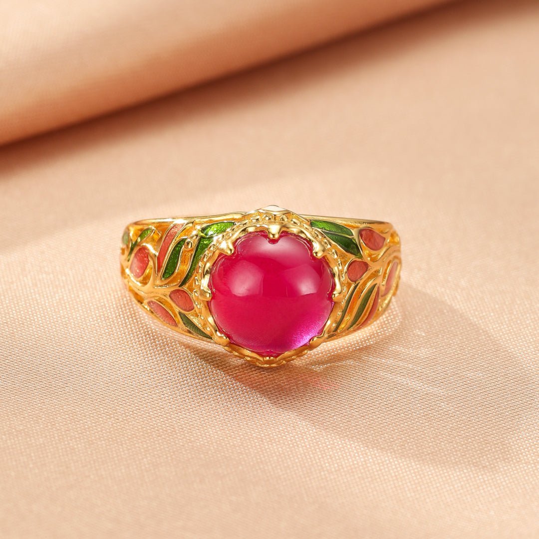 Bague Cornaline Feuillage Impérial – Argent Émaillé, Ajustable - Biloria