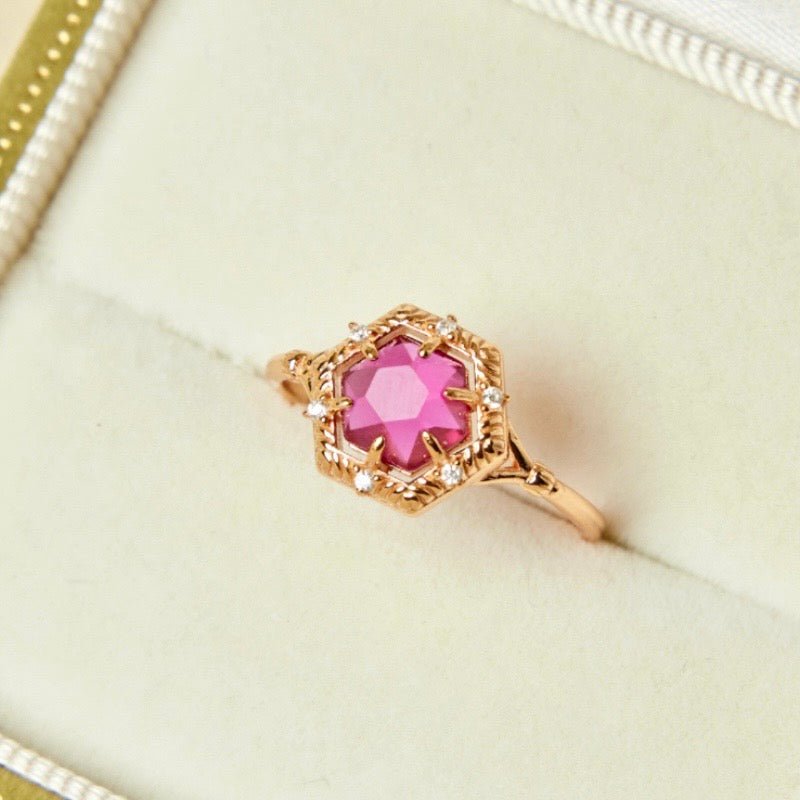 Bague Cornaline Hexagonale Argent Plaqué Or Charme Passion - Biloria