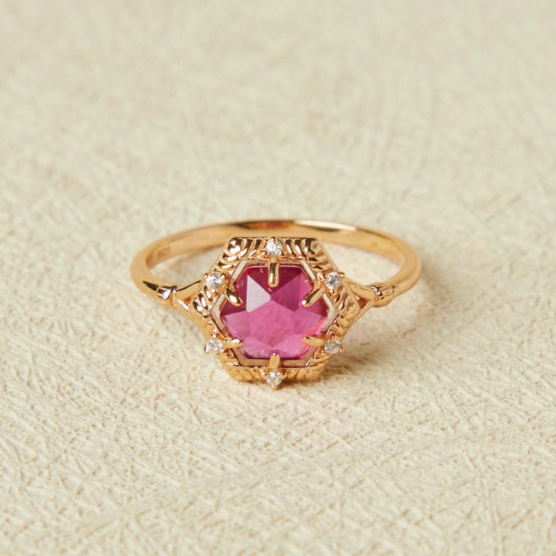 Bague Cornaline Hexagonale Argent Plaqué Or Charme Passion - Biloria