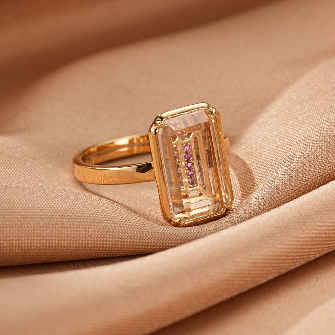 Bague Cristal de Roche et Corindon Rose Ajustable - Biloria