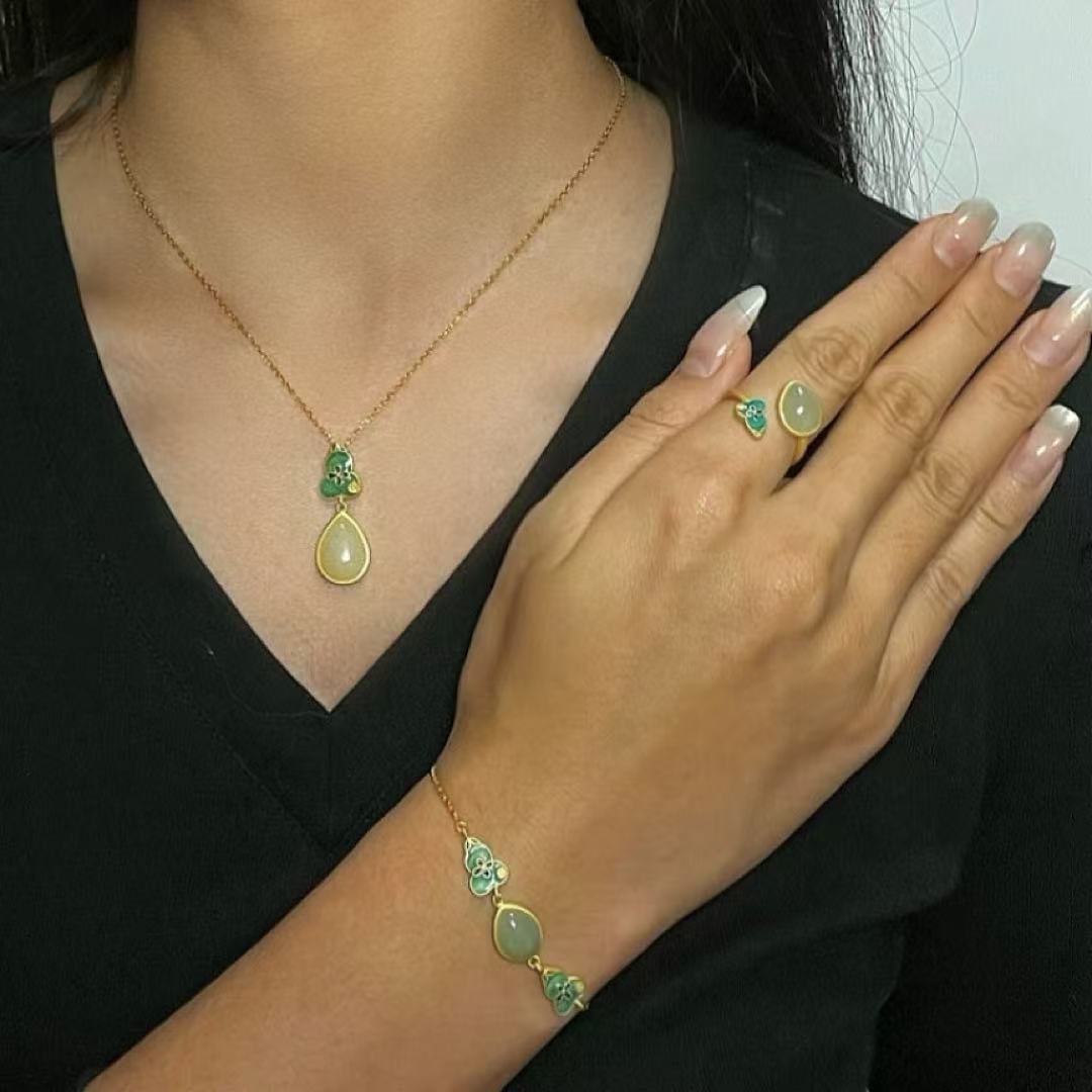 Bague Jade Néphrite Goutte et Gourde – Argent Plaqué Or Ajustable - Biloria