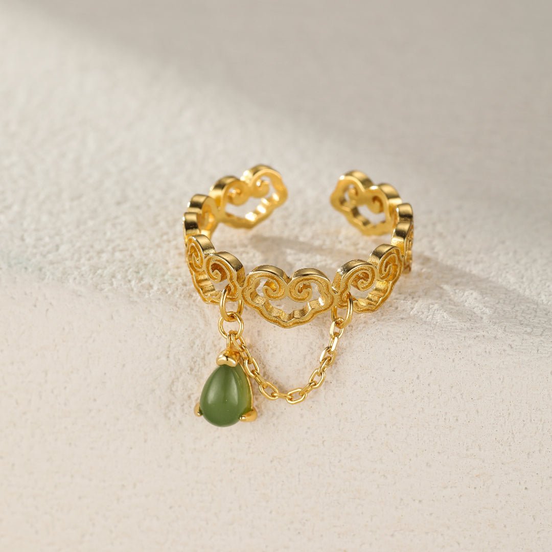 Bague Jade Nuage du Bonheur Argent Plaqué Or Ajustable - Biloria
