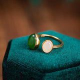 Bague Jade Vert Blanc en Argent Plaqué Or - Harmonie et Protection - Biloria