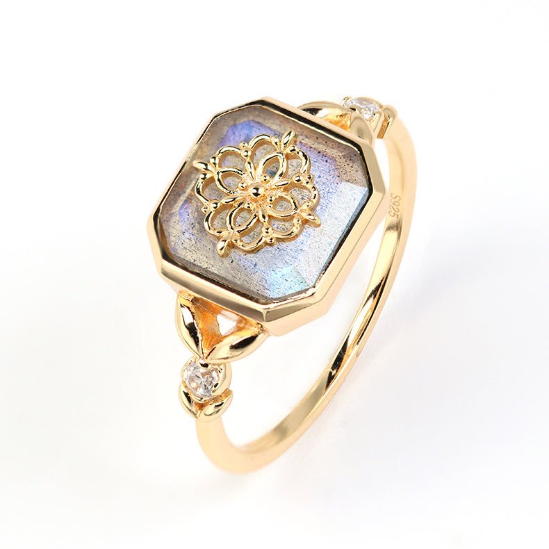 Bague Labradorite Pierre Naturelle Carrée Argent Plaqué Or 10 mm - Biloria