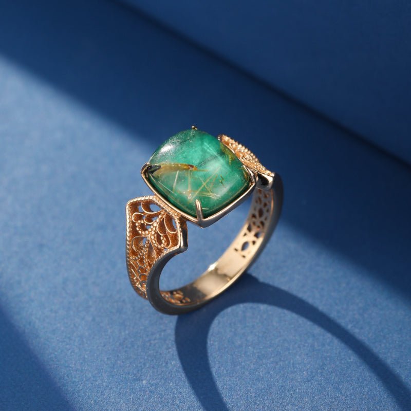 Bague Malachite Quartz Rutile Argent Plaqué Or Taille 49 51 54 57 - Biloria
