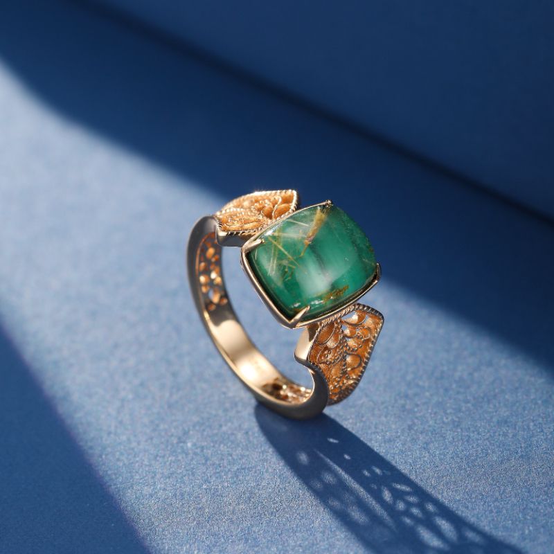 Bague Malachite Quartz Rutile Argent Plaqué Or Taille 49 51 54 57 - Biloria