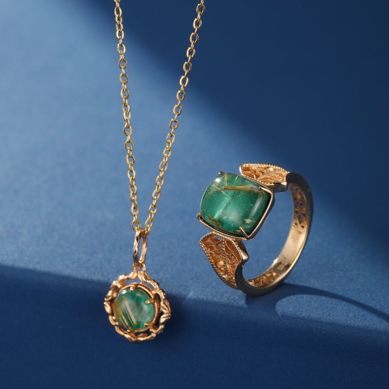 Bague Malachite Quartz Rutile Argent Plaqué Or Taille 49 51 54 57 - Biloria