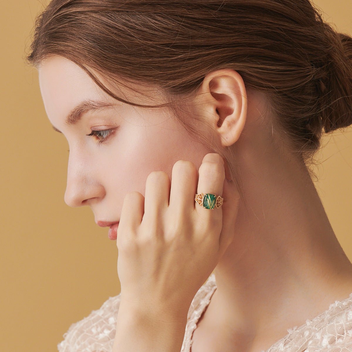 Bague Malachite Quartz Rutile Argent Plaqué Or Taille 49 51 54 57 - Biloria