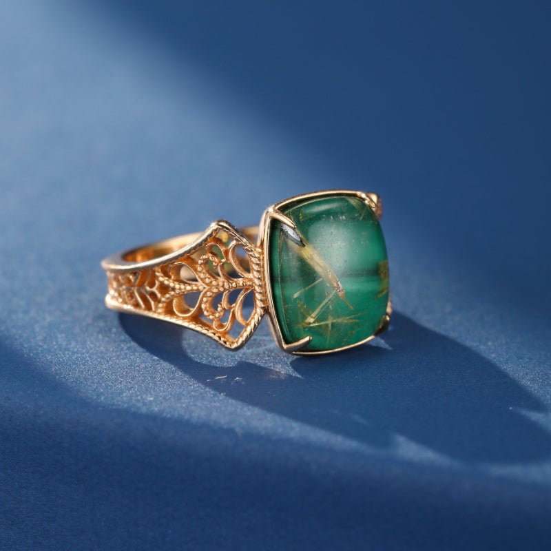 Bague Malachite Quartz Rutile Argent Plaqué Or Taille 49 51 54 57 - Biloria