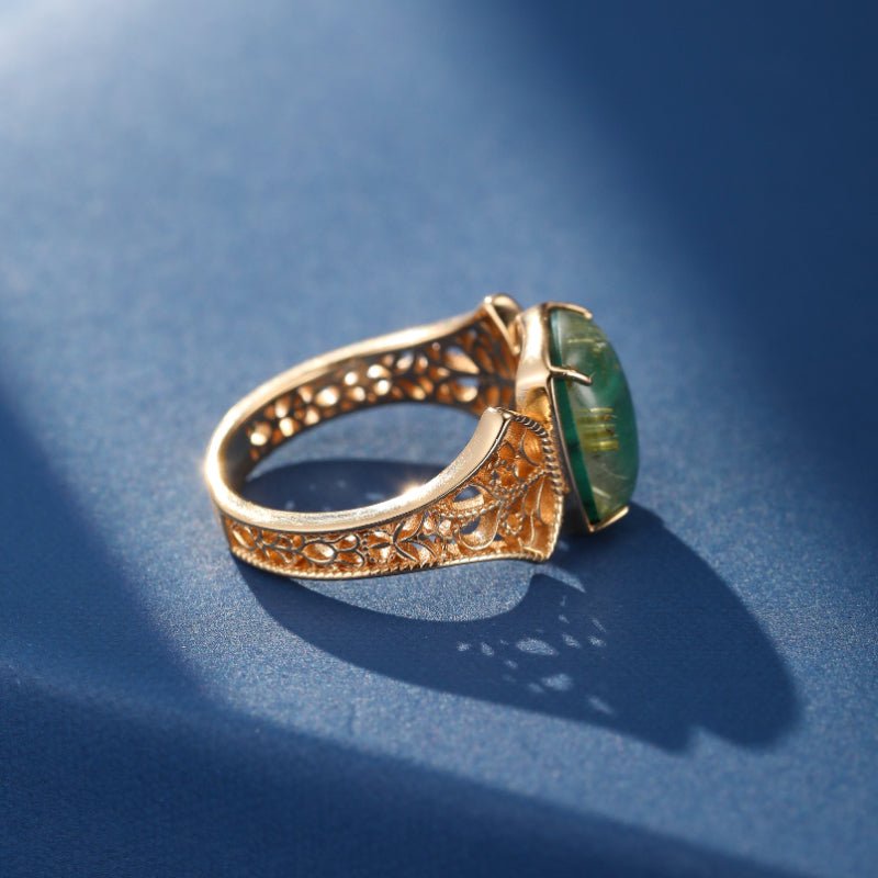 Bague Malachite Quartz Rutile Argent Plaqué Or Taille 49 51 54 57 - Biloria