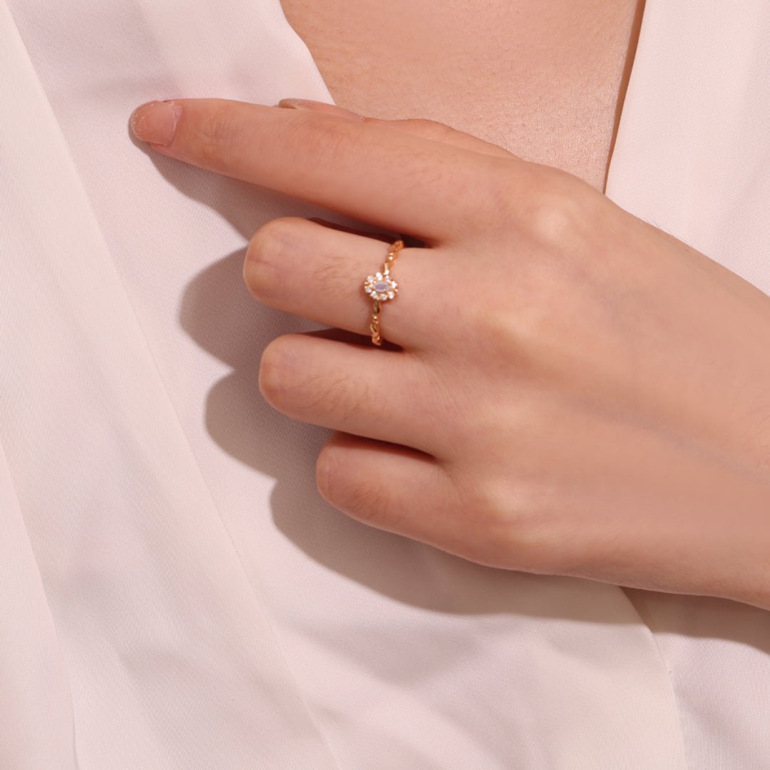 Bague Opale Blanche Brume Étoilée Argent Plaqué Or Taille FR49 à FR57 - Biloria