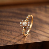 Bague Pierre de Lune avec Zircons - Argent Plaqué Or Ajustable - Biloria