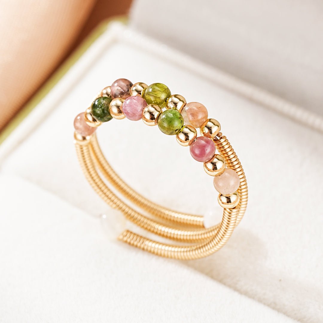 Bague Tourmaline Multicolore Ajustable, Argent Plaqué Or 14K - Biloria