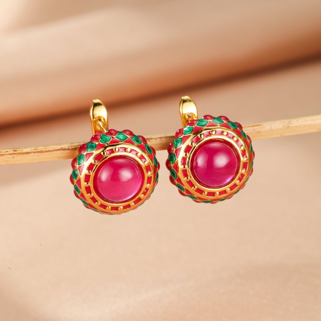 Boucles d'Oreilles Cornaline Rosace Royale Émail Vert Rouge - Biloria