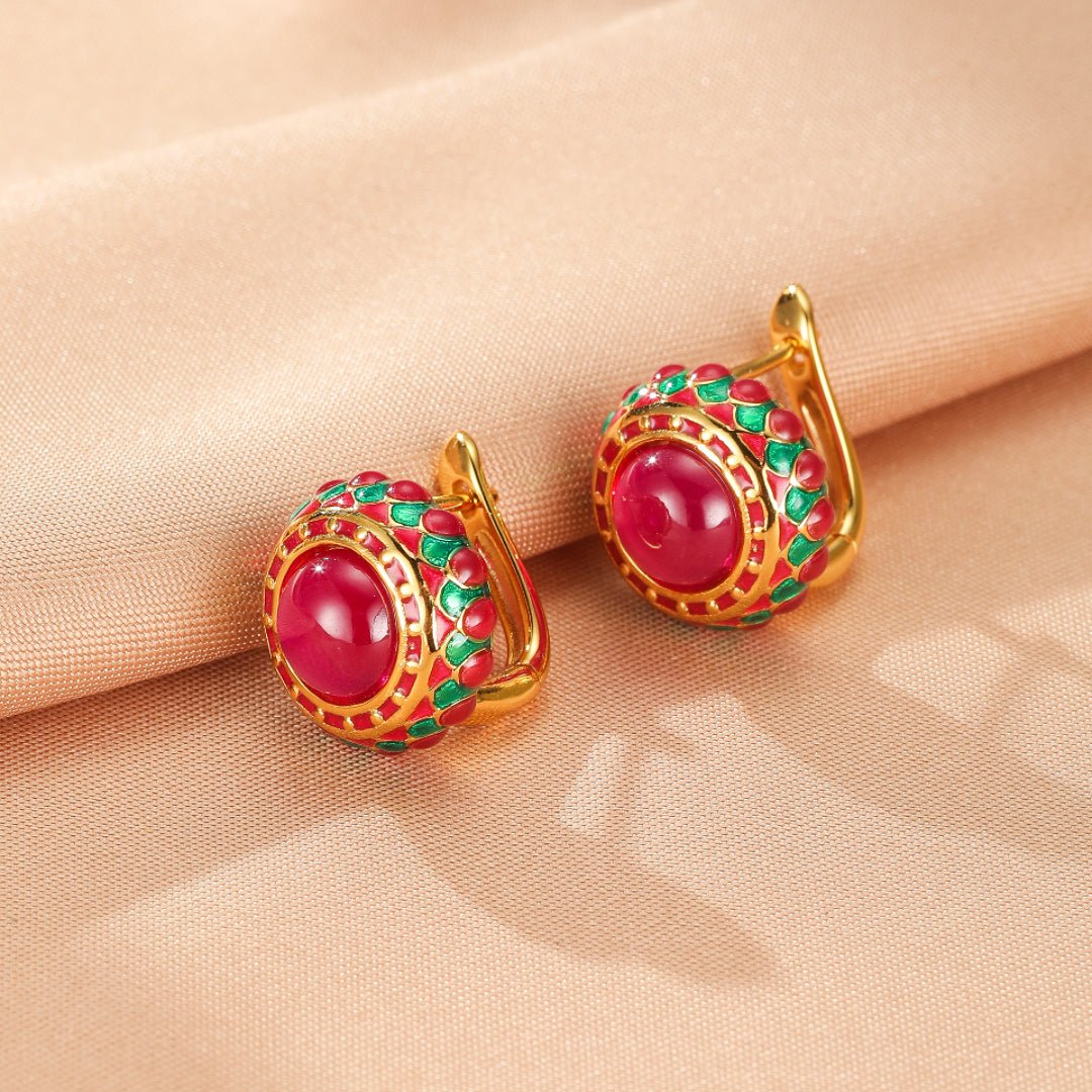 Boucles d'Oreilles Cornaline Rosace Royale Émail Vert Rouge - Biloria