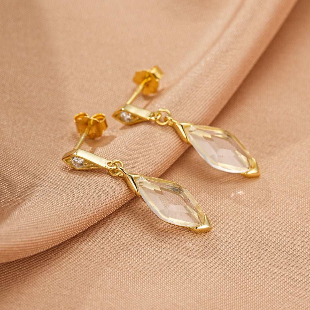 Boucles d'Oreilles Cristal de Roche Pluie Dorée Argent Plaqué Or 14K - Biloria