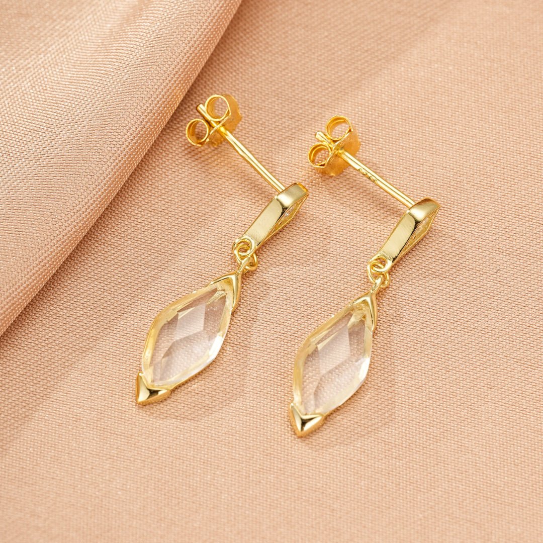 Boucles d'Oreilles Cristal de Roche Pluie Dorée Argent Plaqué Or 14K - Biloria