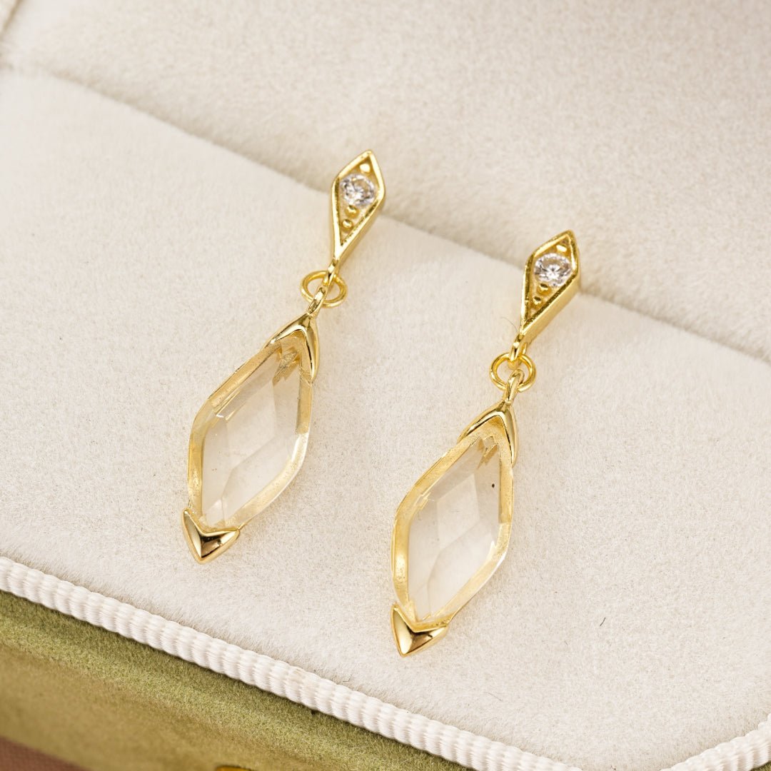 Boucles d'Oreilles Cristal de Roche Pluie Dorée Argent Plaqué Or 14K - Biloria