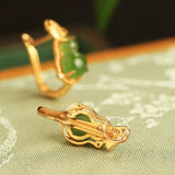 Boucles d'Oreilles Jade Argent Plaqué Or Forme Gourde Protection - Biloria