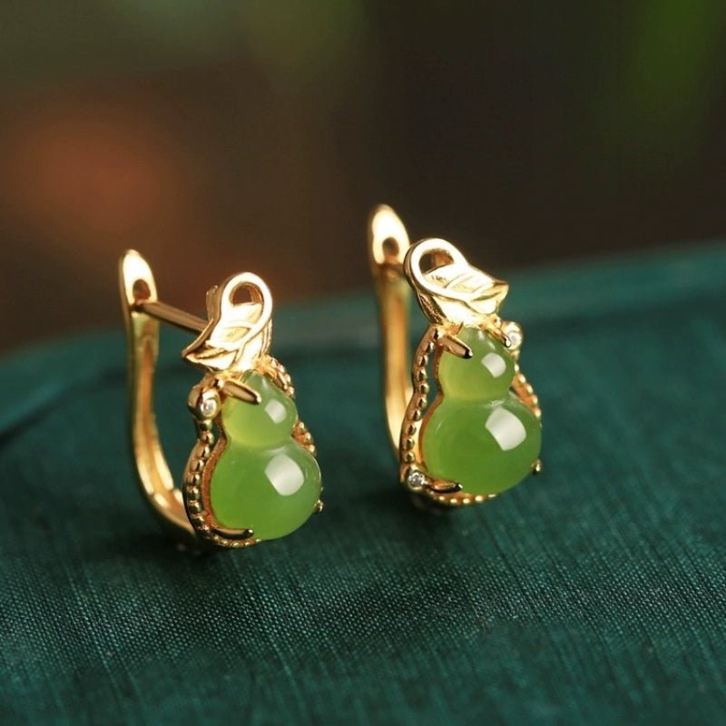 Boucles d'Oreilles Jade Argent Plaqué Or Forme Gourde Protection - Biloria