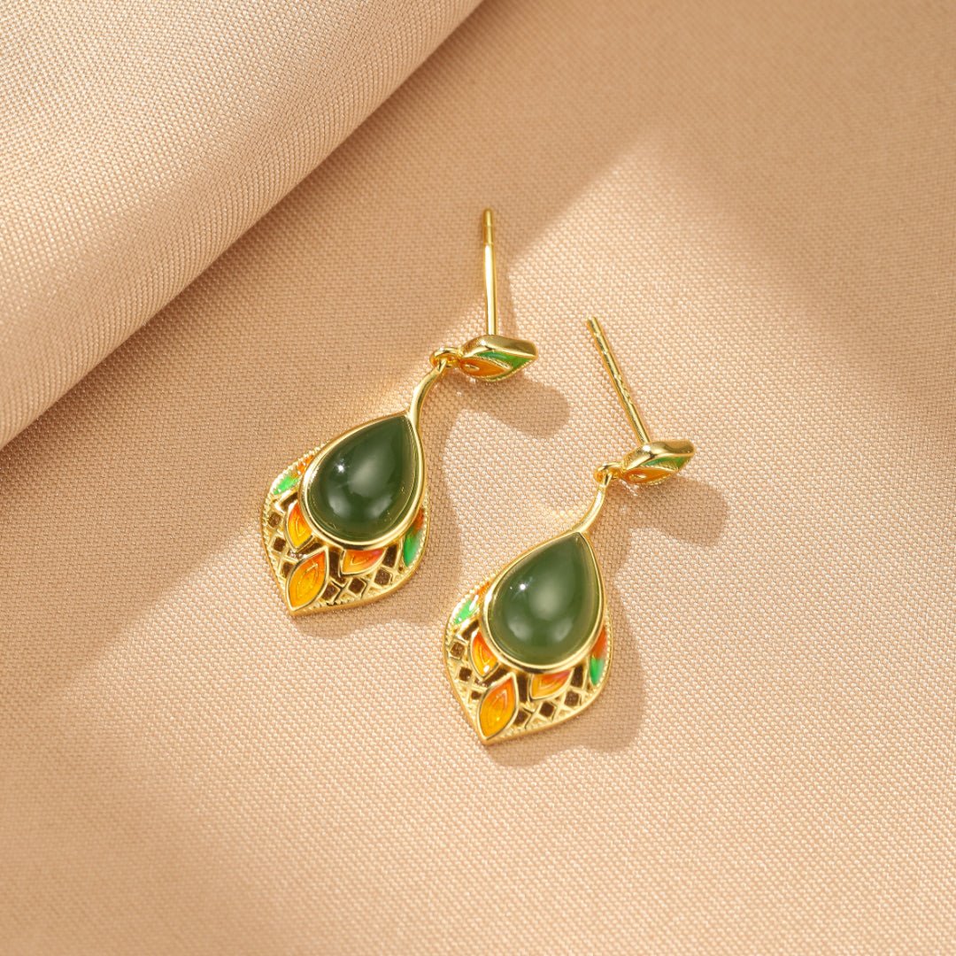 Boucles d'Oreilles Jade Naturel Feuille de Joie – Argent Plaqué Or - Biloria