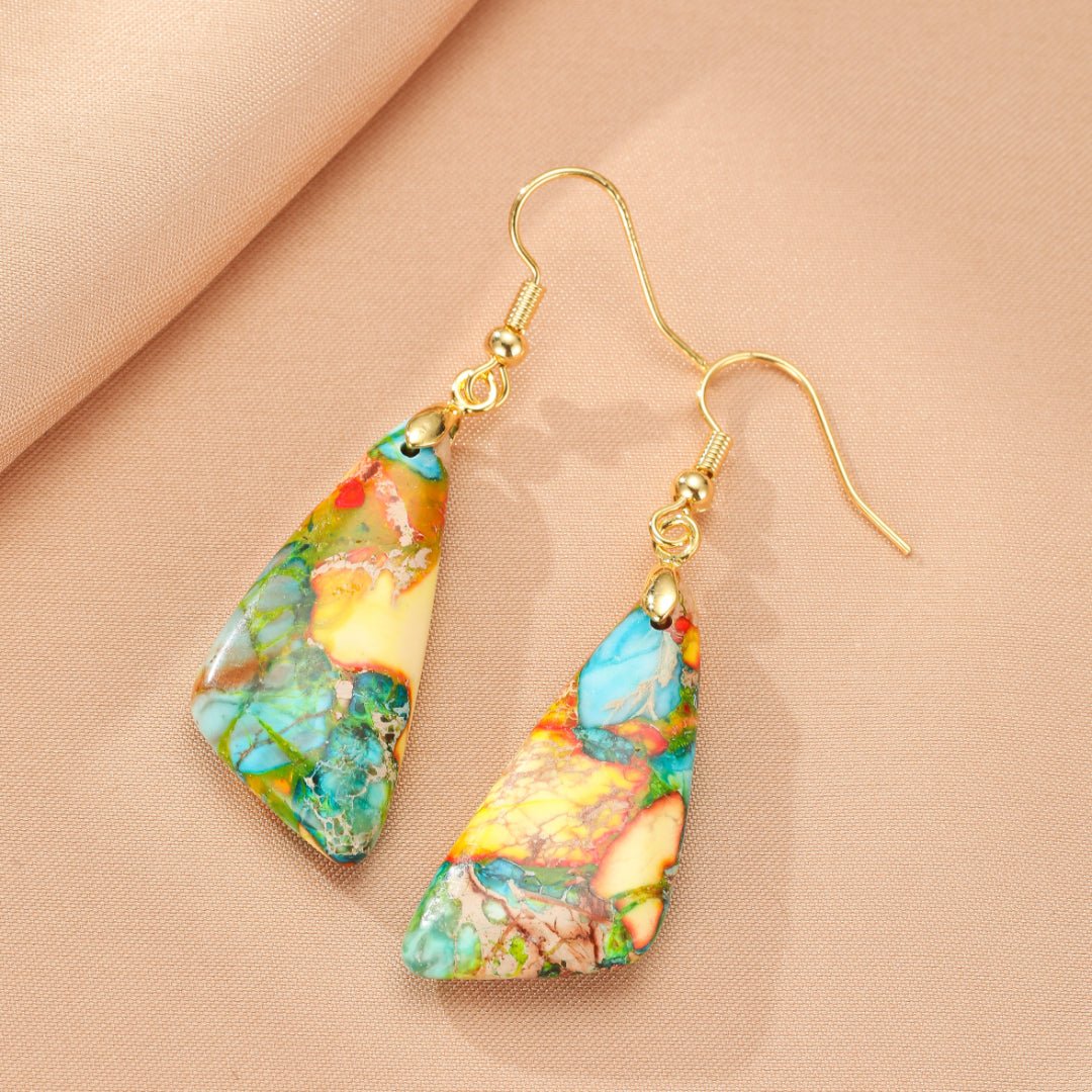 Boucles d'Oreilles Jaspe Multicolore Laiton Doré 18K - Biloria