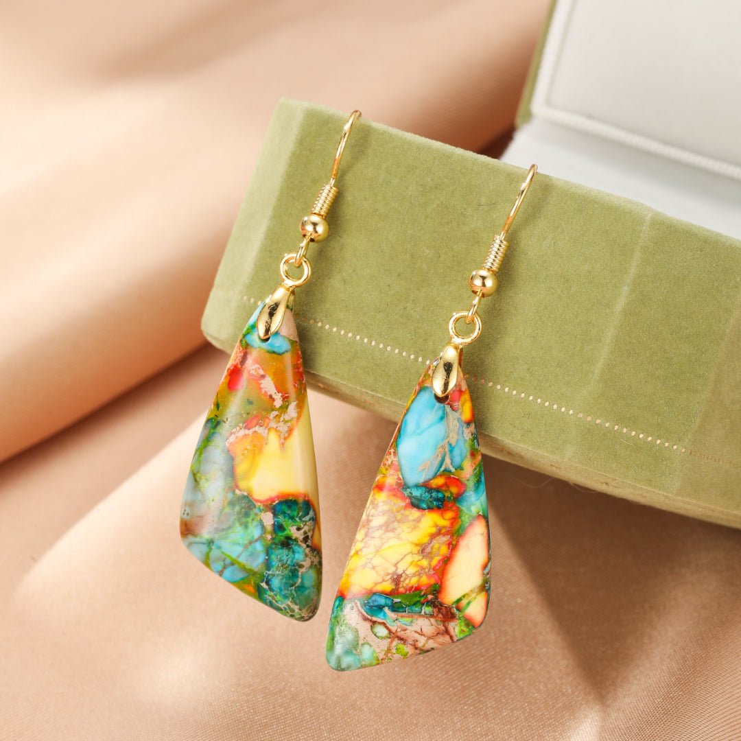 Boucles d'Oreilles Jaspe Multicolore Laiton Doré 18K - Biloria