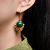 Boucles d'Oreilles Malachite Feuille Dorée – Argent Plaqué Or - Biloria