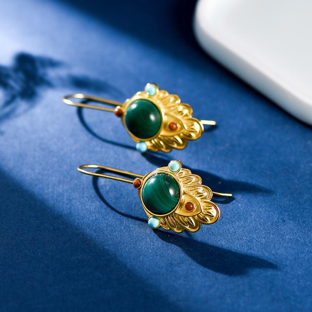 Boucles d'Oreilles Malachite Feuille Dorée – Argent Plaqué Or - Biloria