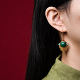 Boucles d'Oreilles Malachite Feuille Dorée – Argent Plaqué Or - Biloria