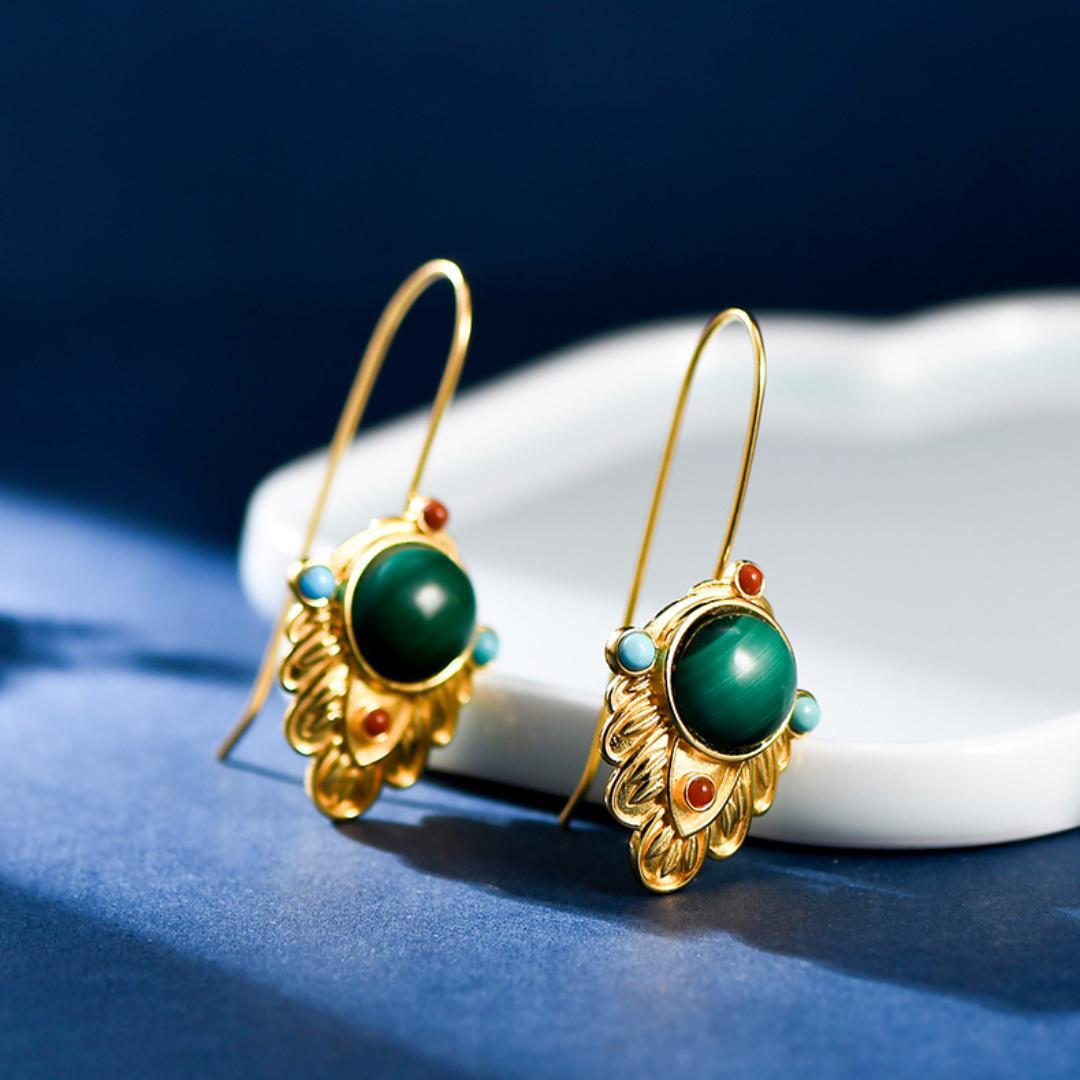 Boucles d'Oreilles Malachite Feuille Dorée – Argent Plaqué Or - Biloria