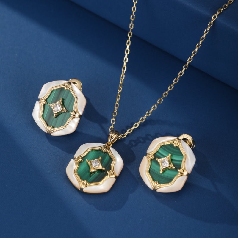 Boucles d'Oreilles Malachite Nacre Argent Plaqué Or - Biloria