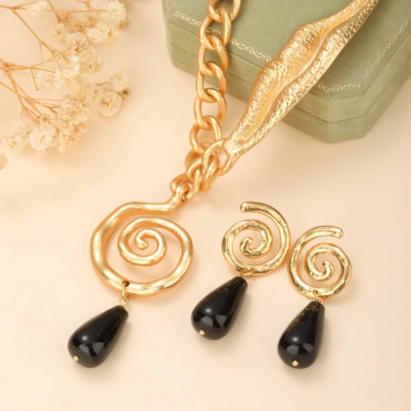 Boucles d'Oreilles Obsidienne Spirale Vintage Protection - Biloria