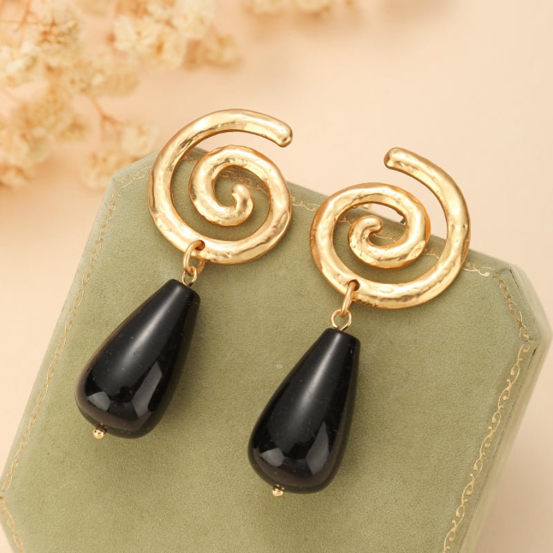 Boucles d'Oreilles Obsidienne Spirale Vintage Protection - Biloria