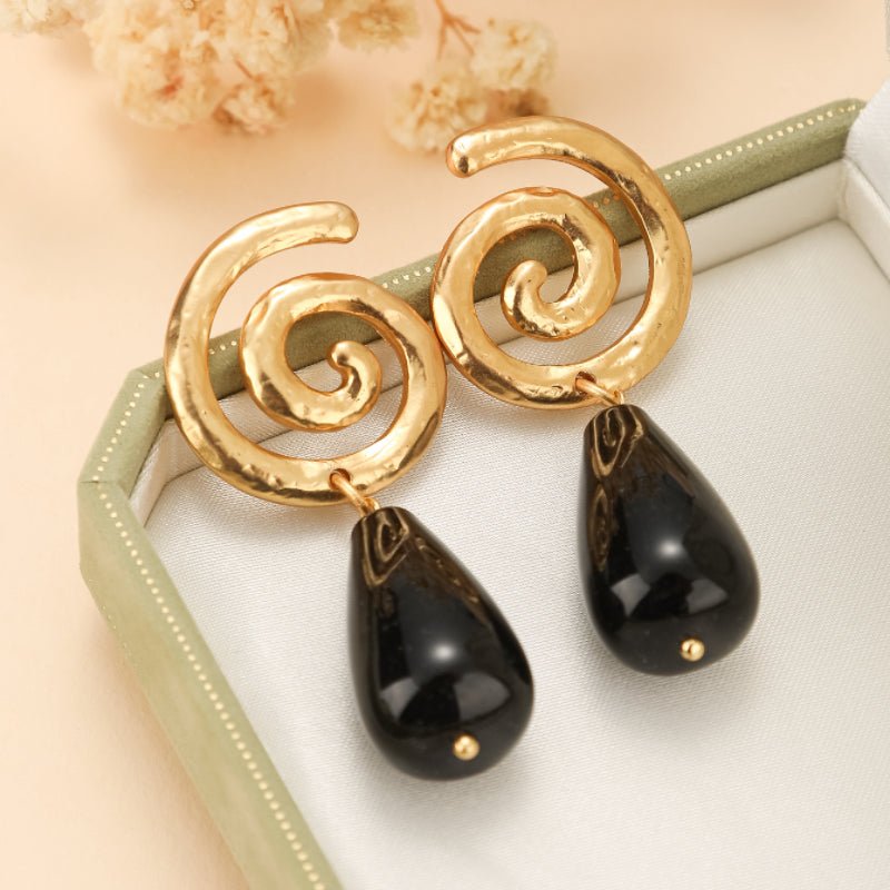 Boucles d'Oreilles Obsidienne Spirale Vintage Protection - Biloria