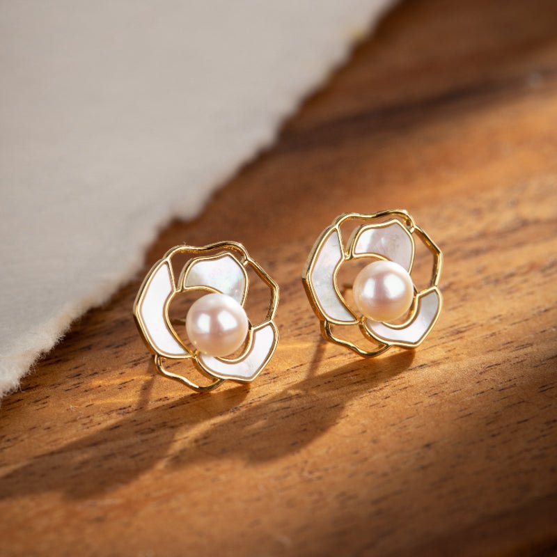 Boucles d'Oreilles Perle Caresse Florale - Plaqué Or Fait Main - Biloria