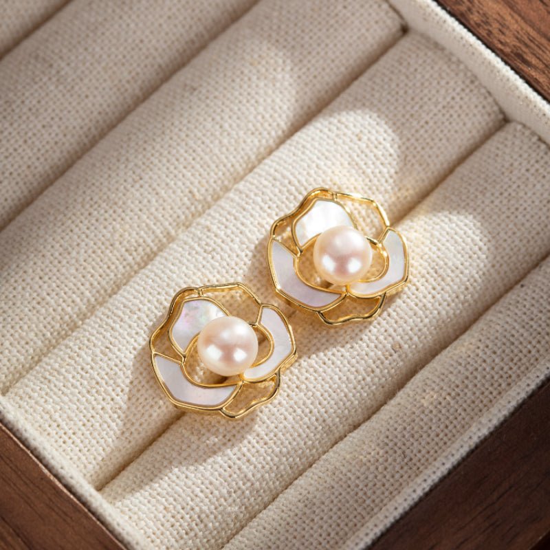 Boucles d'Oreilles Perle Caresse Florale - Plaqué Or Fait Main - Biloria