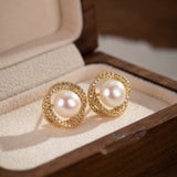 Boucles d'Oreilles Perle Naturelle 9mm – Argent Plaqué Or Zircons - Biloria