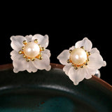 Boucles d'Oreilles Quartz Clair Perle Argent Plaqué Or Floraison - Biloria