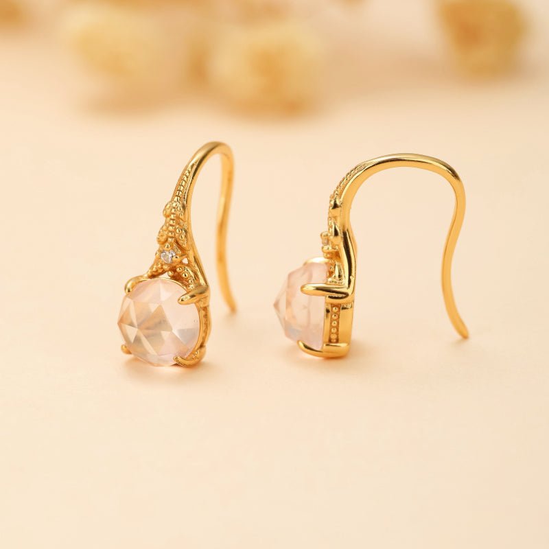 Boucles Oreilles Quartz Rose Argent Plaqué Or Floral - Biloria