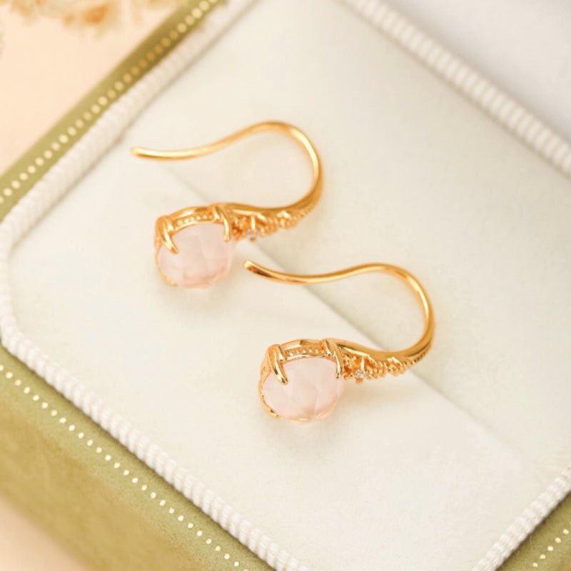 Boucles Oreilles Quartz Rose Argent Plaqué Or Floral - Biloria