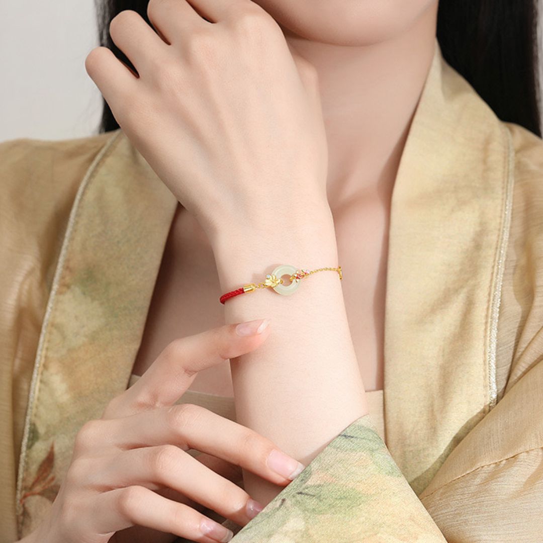 Bracelet Cordon Rouge Jade Carpe Koï Argent Plaqué Or - Biloria