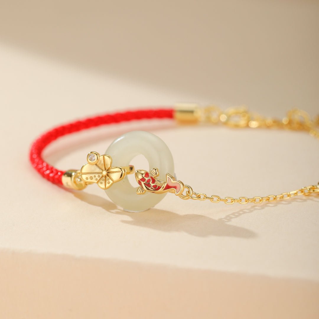 Bracelet Cordon Rouge Jade Carpe Koï Argent Plaqué Or - Biloria