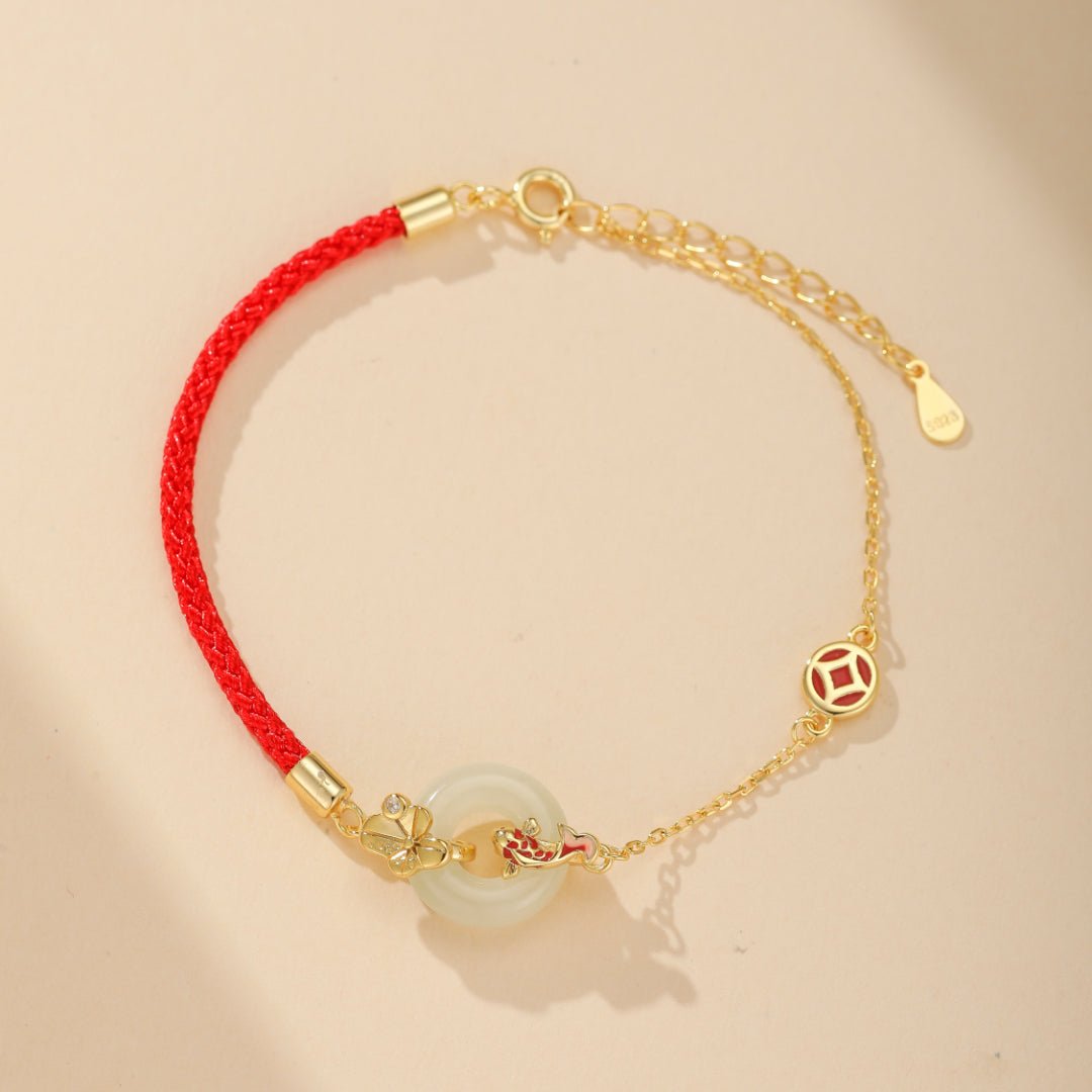 Bracelet Cordon Rouge Jade Carpe Koï Argent Plaqué Or - Biloria