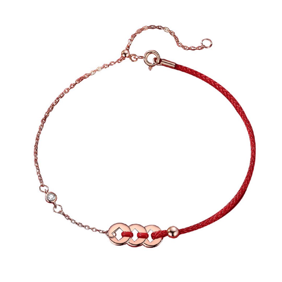 Bracelet Cordon Rouge Monnaies Porte-Bonheur Argent Plaqué Or 18K - Biloria